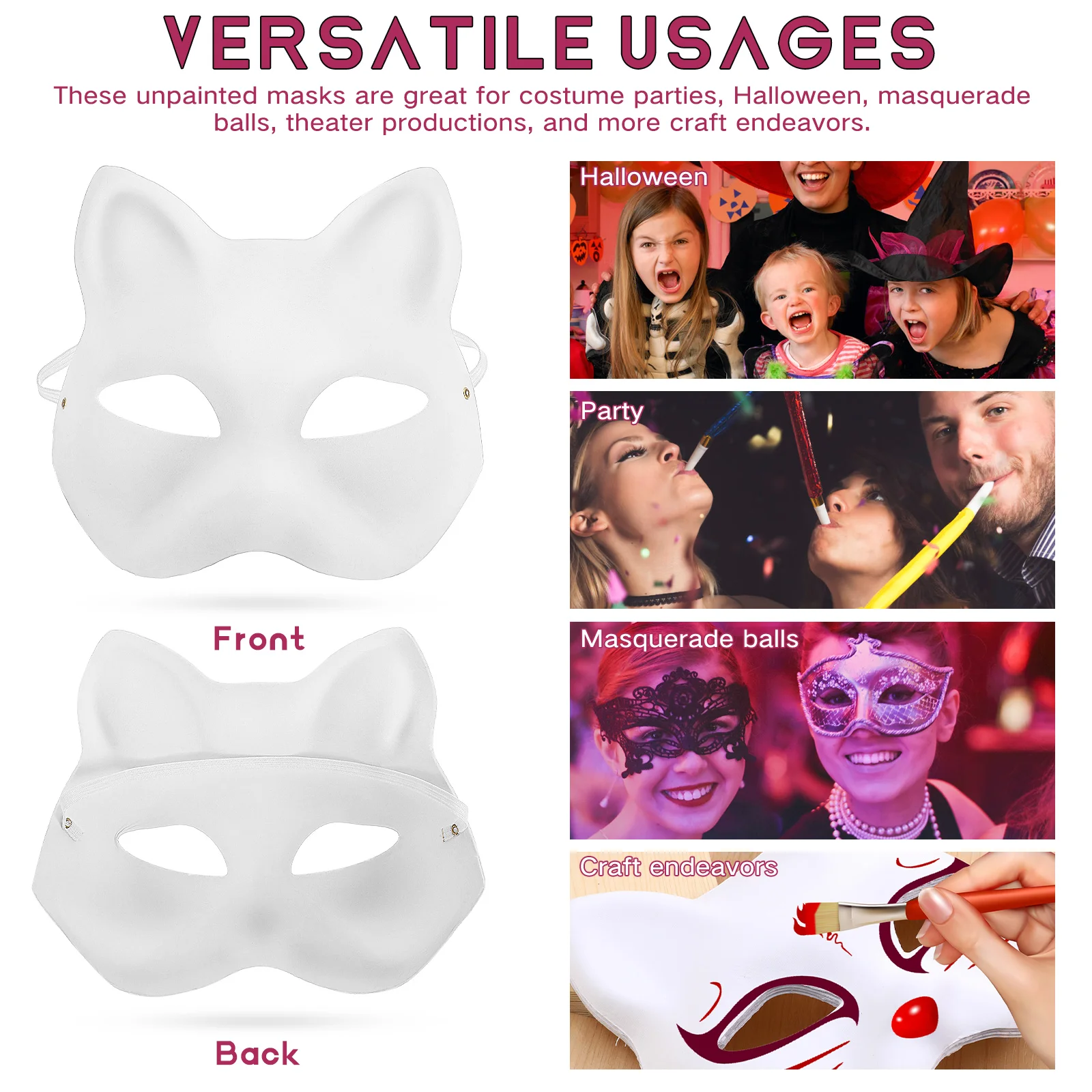 5-teilige handbemalte Maske, Fuchsmasken für Erwachsene, Cosplay, Katze, Tierzellstoff, leer, für Maskerade, Party, Kind