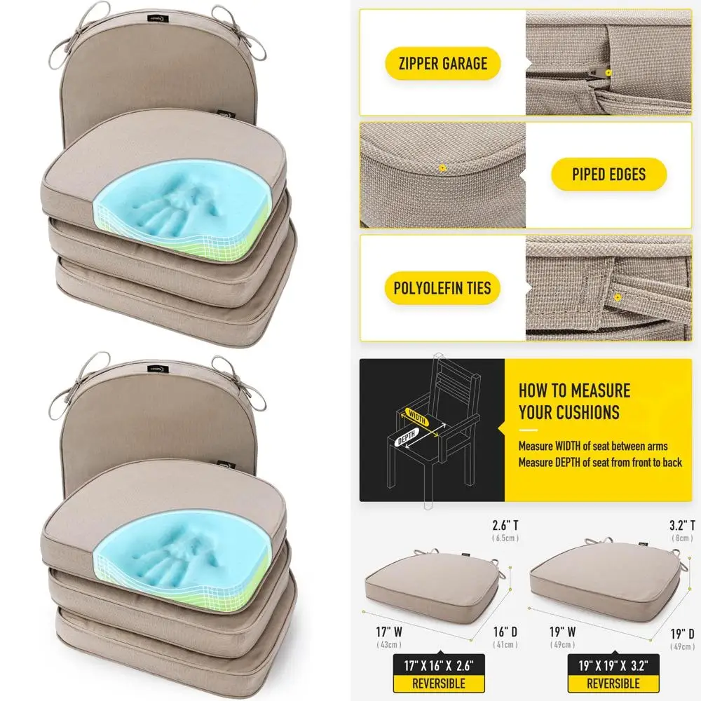 

Memory Foam Seat Cushions, Fade-Resistant, Stain-Proof, Reversible, Tied, Indoor/Outdoor, Kitchen/Office, 17x16, Set of 4, Husk