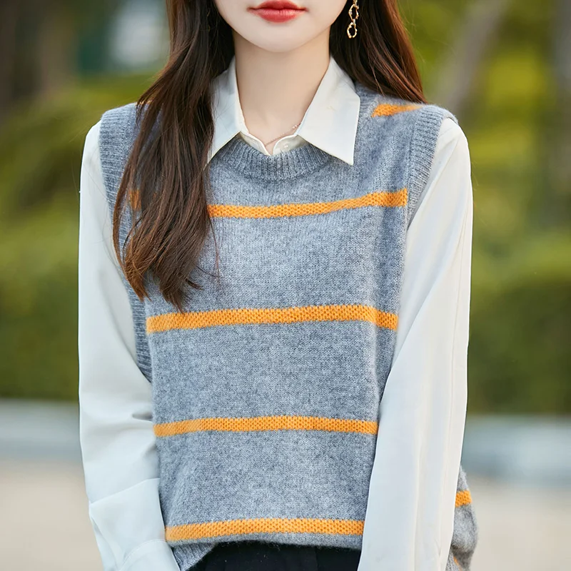 Folding knit vest women's 100% cashmere color matching striped warm vest
