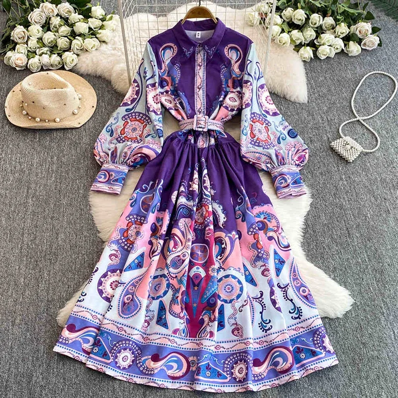 

Spring Autumn Vintage Bohemian Long Sleeve Dress for Women's New Vacation Positioning Printed Lantern Sleeve Long Dress C109
