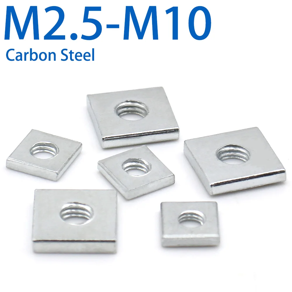 White Zinc Plated Steel Square Nuts Flat Square Nuts Metric Thread Channel Nuts for Aluminum Profile M2.5 M3 M4 M5 M6 M8 M10 M12