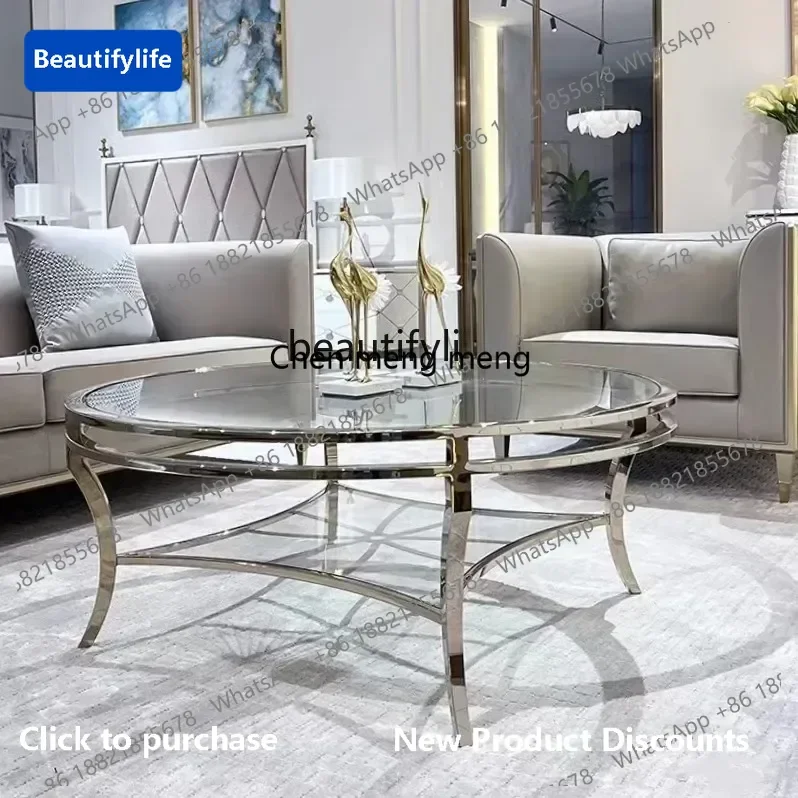 183ff American light luxury stainless steel living room coffee table tempered glass round coffee table Italian tea table