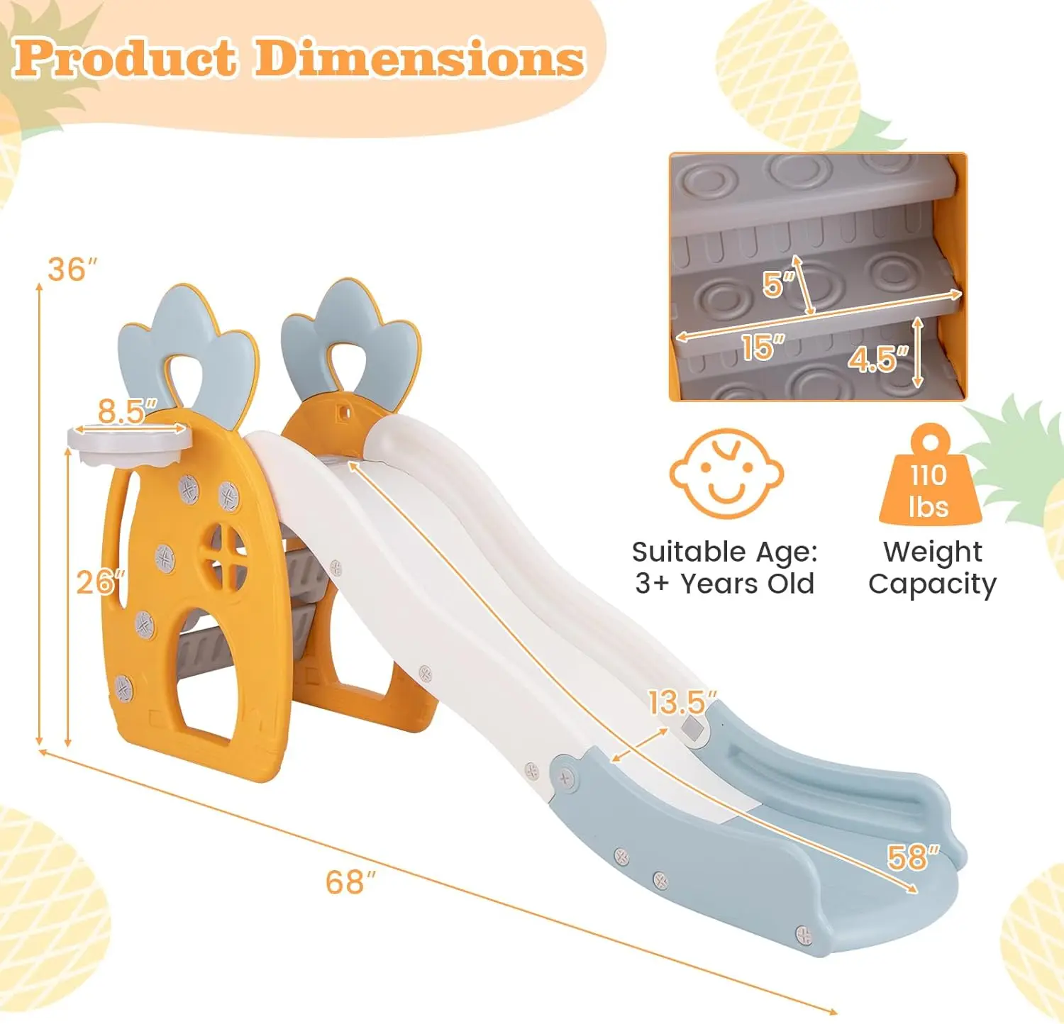 Scivolo per bambini, scivolo indipendente 3 in 1 per bambini, set da gioco per ananas per interni ed esterni con canestro da basket e palla, scalatore per scaletta