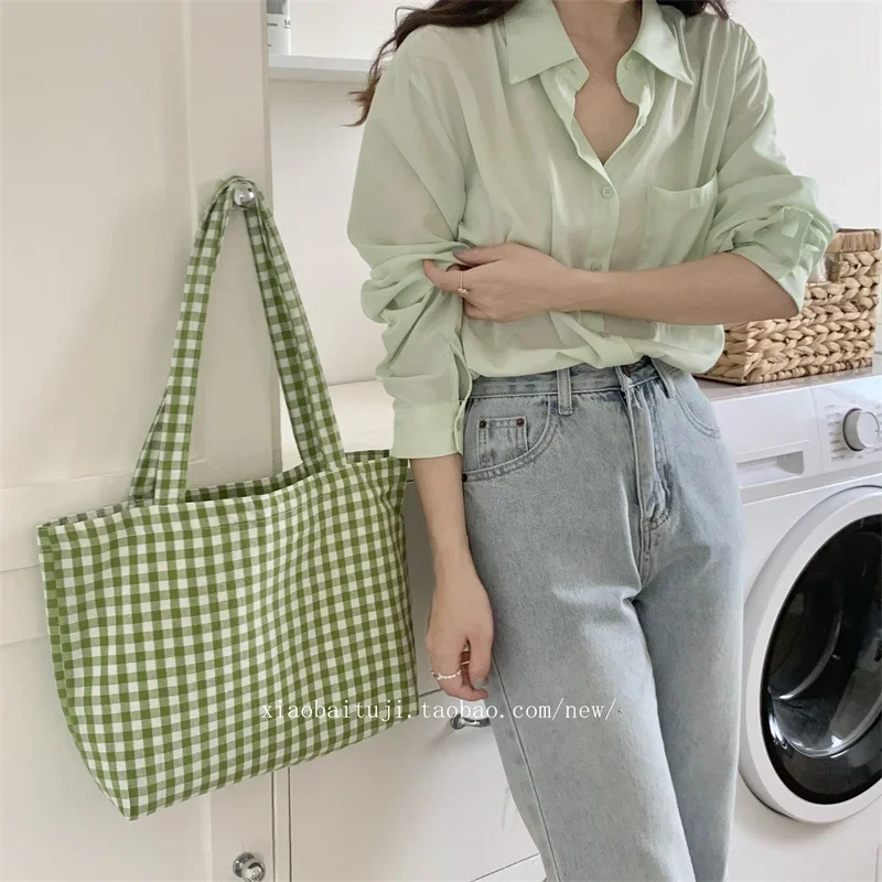 Large Capacity Plaid Reversible Shoulder Bags Women Canvas Bag Underarm Tote Shopping Reusable Fashion Simple Portable Travel