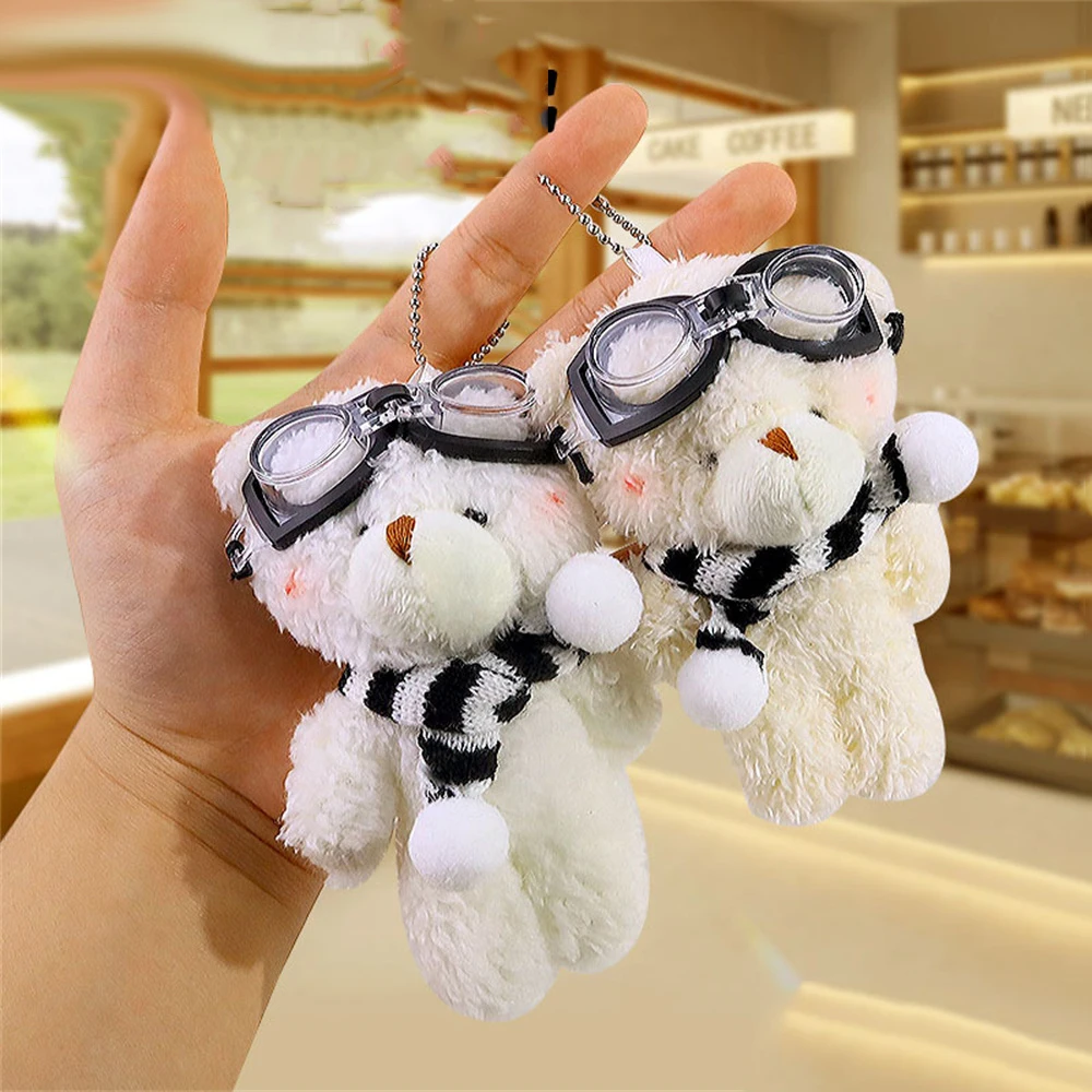 Pilot Plush Powder Blusher Bear Keychain Bag Pendant Girl Cute Eyewear Bears Keyring Cartoon Scarf Animal Doll Ladies Key Holder