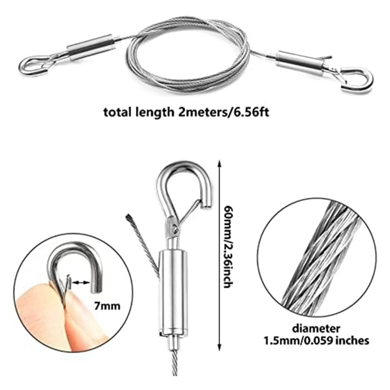 4 قطعة 2 متر x 1.5 مللي متر قابل للتعديل صورة معلقة سلك عدة-الثقيلة الفولاذ المقاوم للصدأ سلك حبل ، يحمل ما يصل إلى 60Lbs