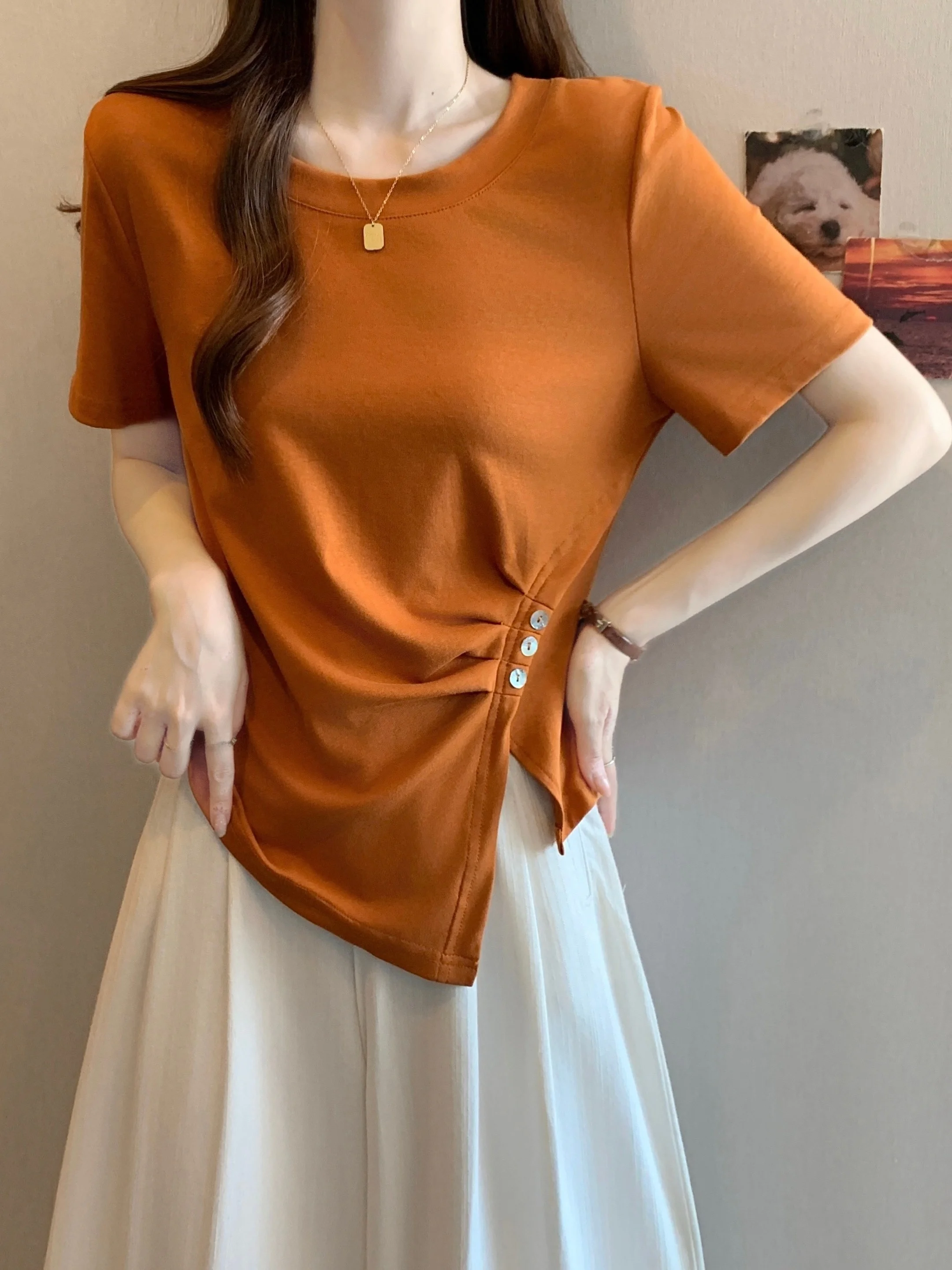 

plus Size Women's Stylish Short Sleeve T-Shirt round Neck Unusual Waist Slim Fit Summer New Style Commute Korean Version Top