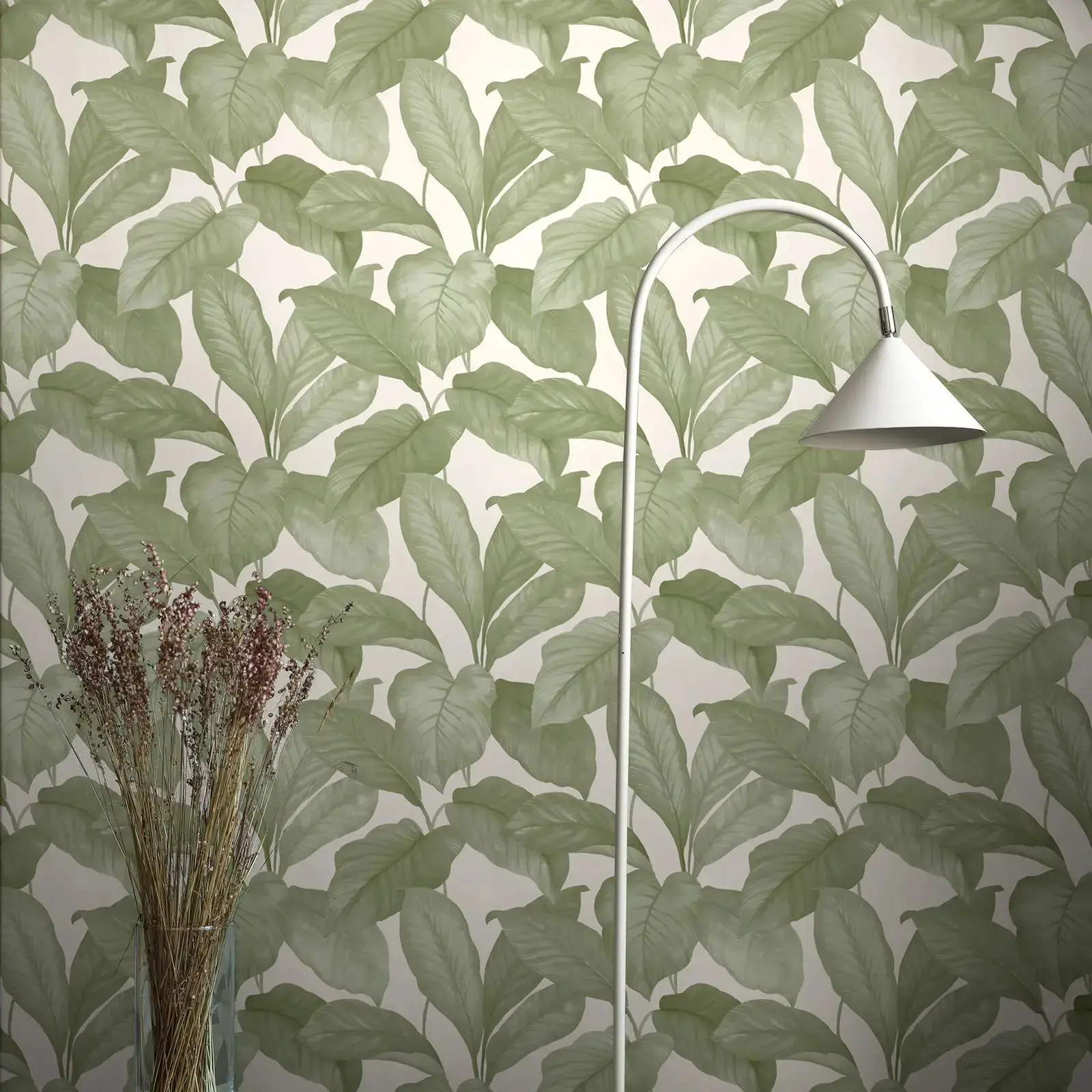 Botanical Leaves Wallpaper, Fresh Green Leaves Wallpaper with beige back Bo in Nordic Style