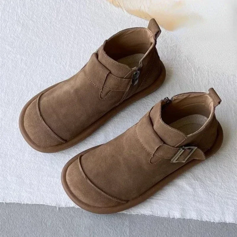 2024 New Autumn/Winter Fashion Flat Short Boots Round Toe Side Zipper Buckle Casual Splice Women\'s Shoes