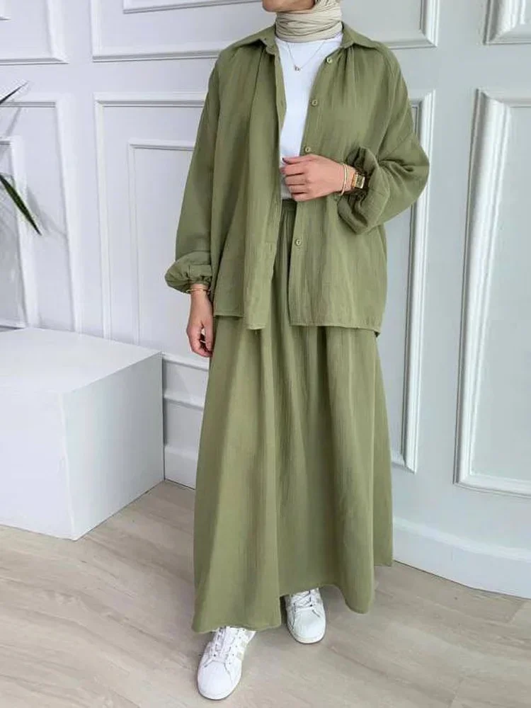 

Autumn Muslim Women's Dress Suit Lantern Sleeve Shirt Collar Button Cardigan Loose Comfortable A-Line Halter Trendy Female Sets