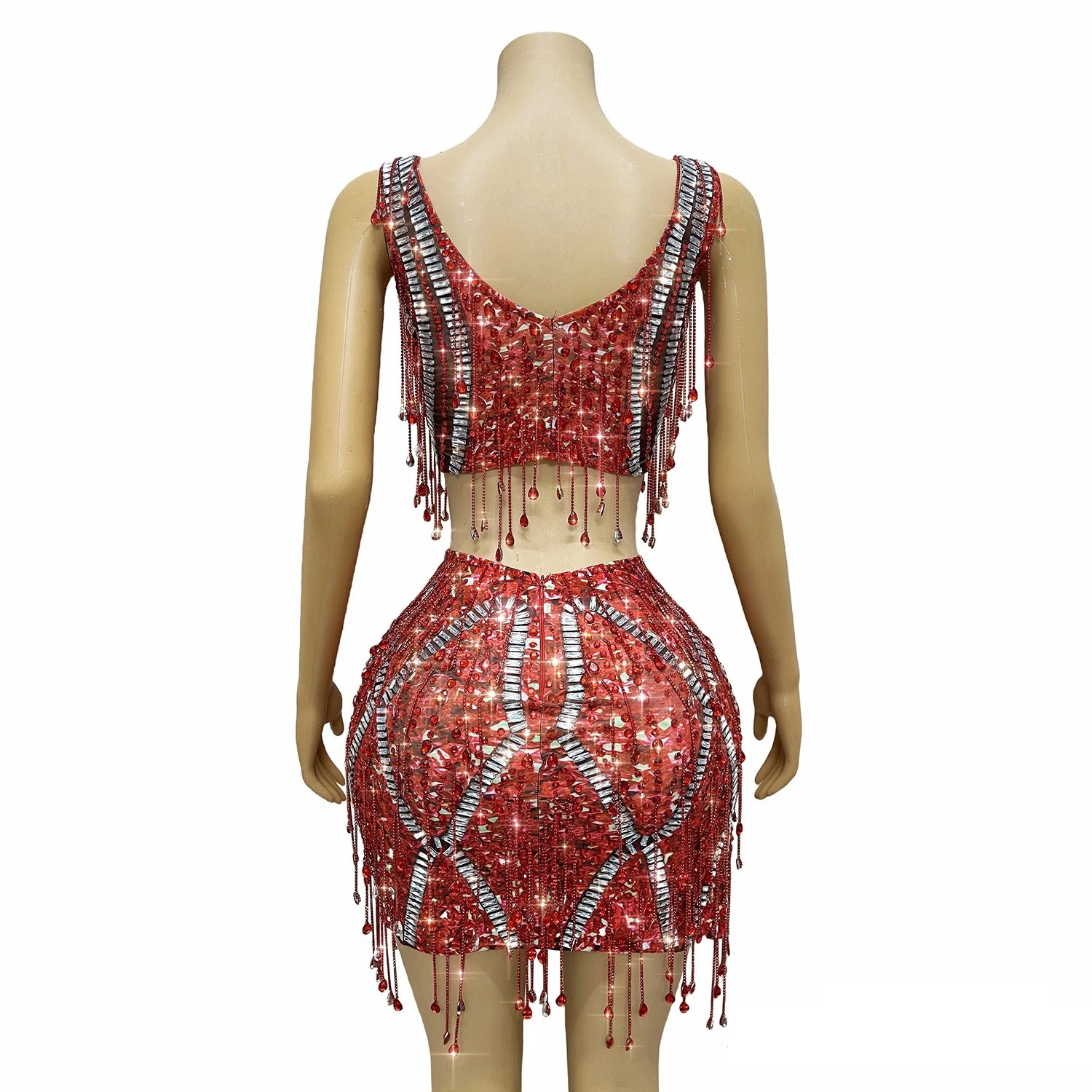 2025 sexy vermelho borlas diamante vestido boate dj bar dança cantor equipe festa feminino gogo dançarino drag queen palco traje dn21604