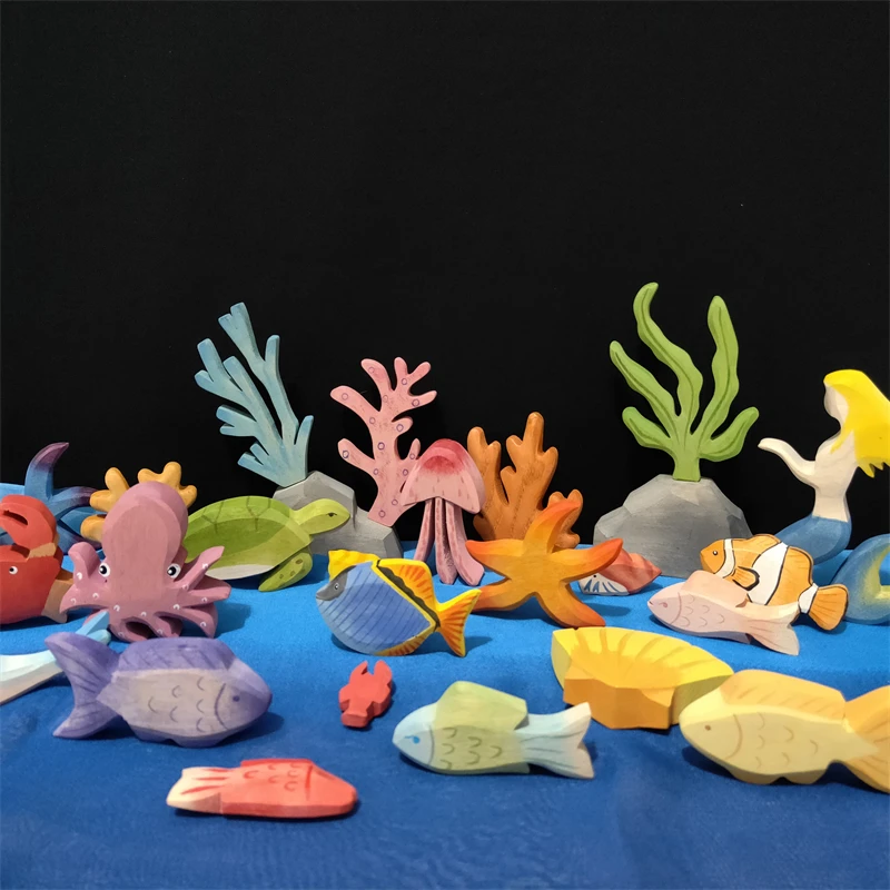 Figure di animali in legno giocattoli per l'apprendimento di animali marini giocattoli per bambini balena pesce sirena figura cognizione giocattoli educativi precoci per bambini