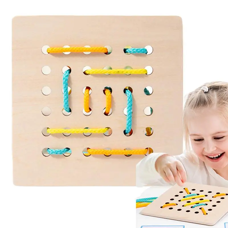 

Wooden Lacing Toy Montessori Early Development Fine Motor Skills Educational Learning Threading Toy Wood Lace Block Travel Game