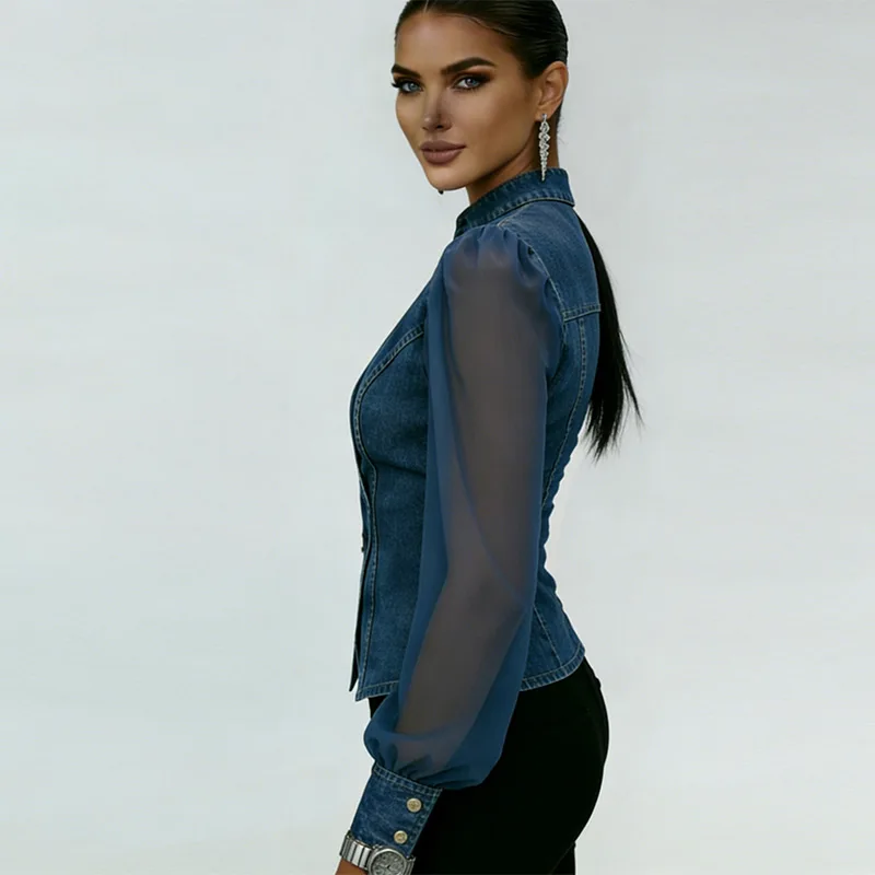 Blue Denim Sheer Mesh Shirt For Women Button Down Long Sleeve Lapel Chest Pockets Fitted Casual Blouse Commute Top