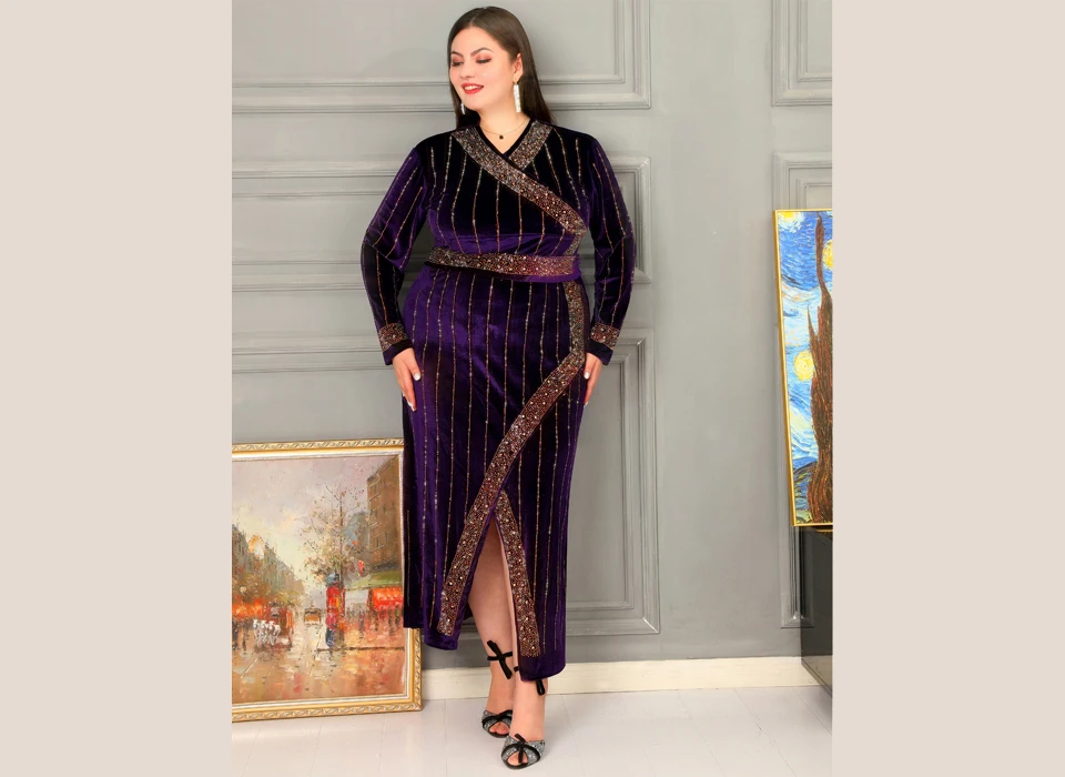 2024 Middle East Africa plus size women\'s dress robe velvet hot diamond v-neck long sleeve dress slim dress long skirt