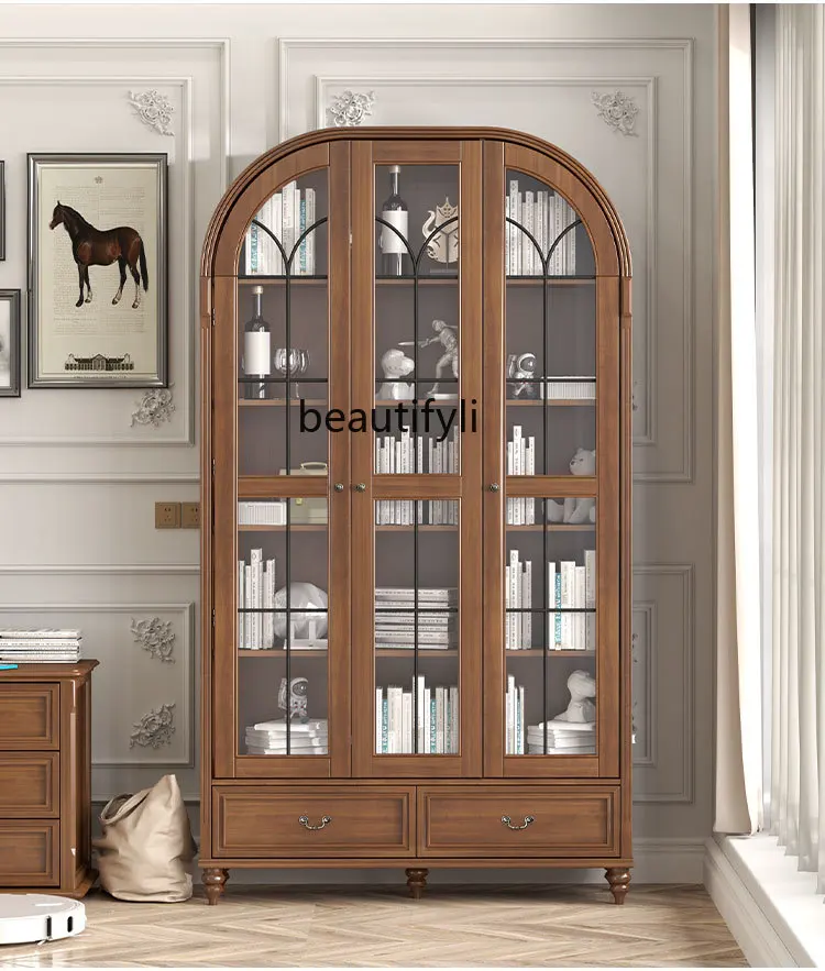 Solid Wood Custom American-Style Retro Walnut-Color Three-Door Bookcase Light Luxury High-End Arch Storage Cabinet