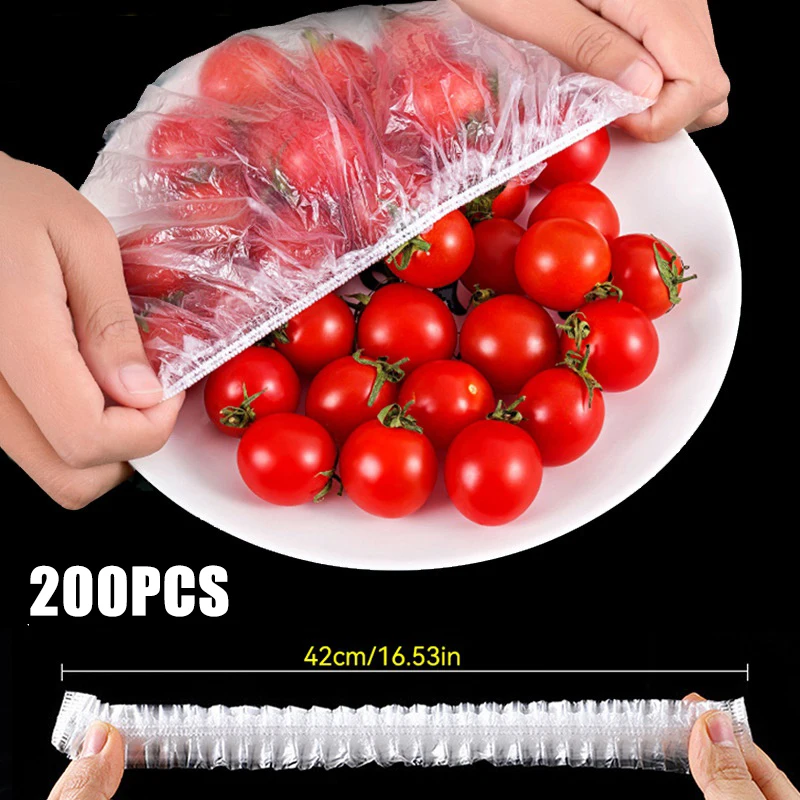 

200pcs Disposable PE Elastic Fresh-keeping Cover Plastic Bags Refrigerator Fruit Wrap Film Kitchen Food Fresh Seal Stretch Lids