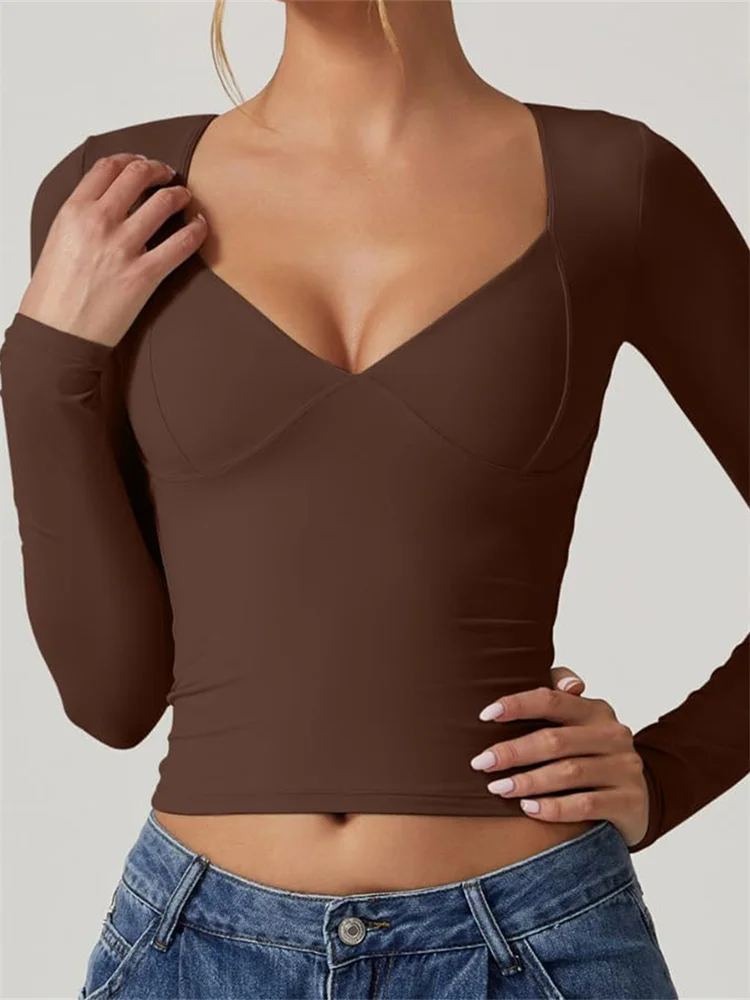 تي شيرت نسائي بلون سادة وأكمام طويلة بقصة ضيقة ورقبة على شكل حرف V قمصان غير رسمية لربيع وخريف جديد #5