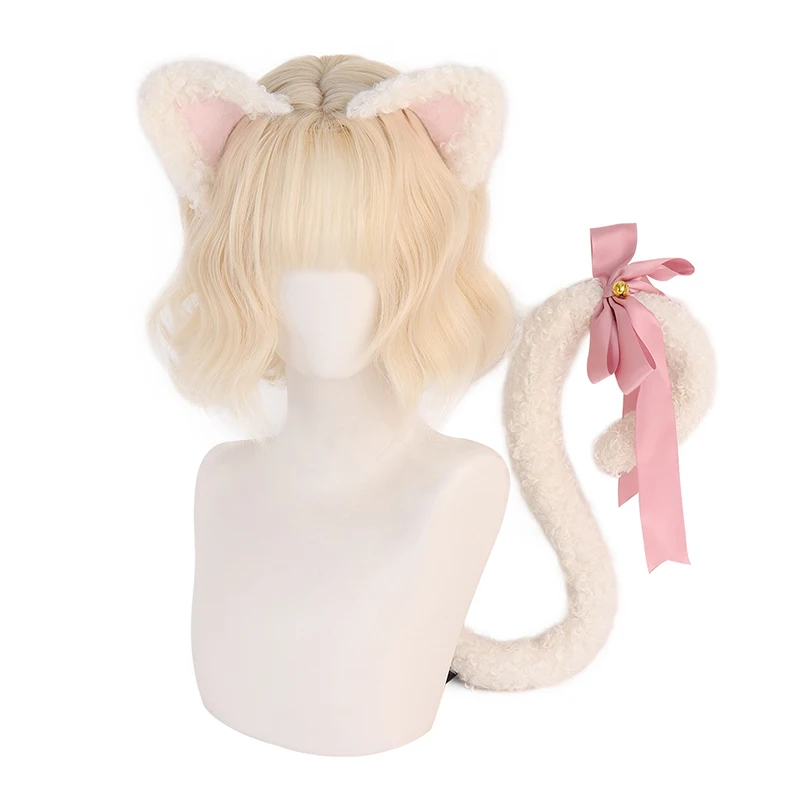 

2-Piece Set Cute Cat Ear & Tail Plush Fluffy Bow Tie with Bell Accessories, Perfect for Halloween Parties, Cosplay, Daily Wear,