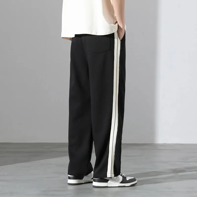 Spring Autumn Men's Striped Elastic High Waisted Pocket Solid Casual Loose Sports Wide Leg Workwear Trousers Office Lady Pants