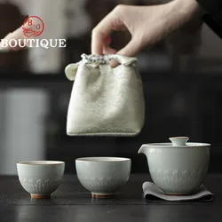 Antique Lotus Leaf Ceramic Tea Set Complete Set Travel Tea Set Tea Maker Gaiwan 1 Bowl 2 Cups Kung Fu Tea Set with Portable Bag