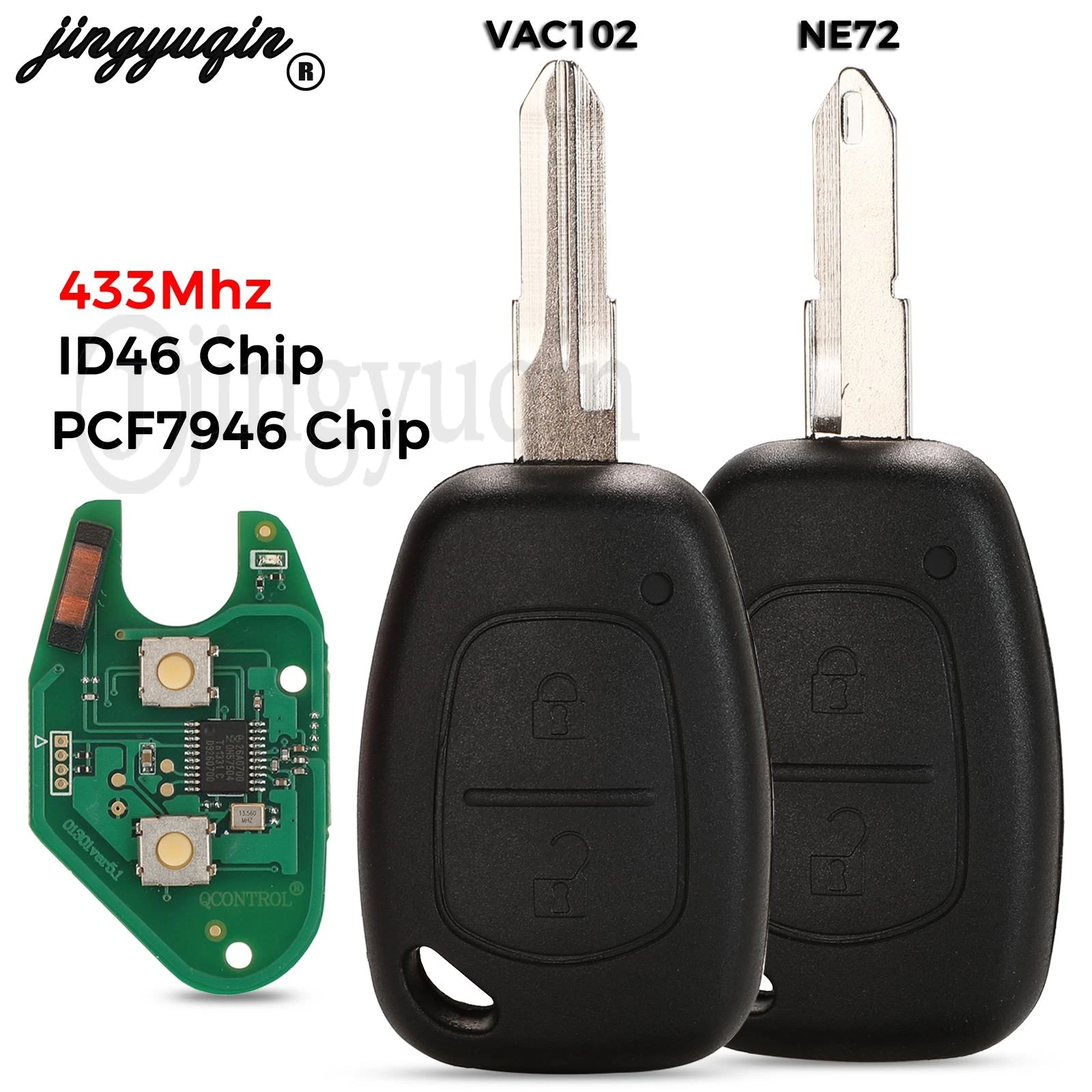 

jingyuqin 433Mhz ASK Remote Car Key ID46 PCF7946 Chip for Renault Traffic Master Vivaro Movano Kangoo Ne72 VAC102 Blade 2Button