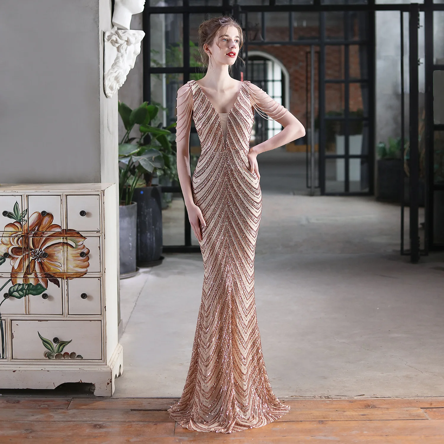 

Luxury Pearl Sleeve Sexy Sequin Wedding Dress Bridal Gowns 2022 Lady Elegant Evening Gown Dress