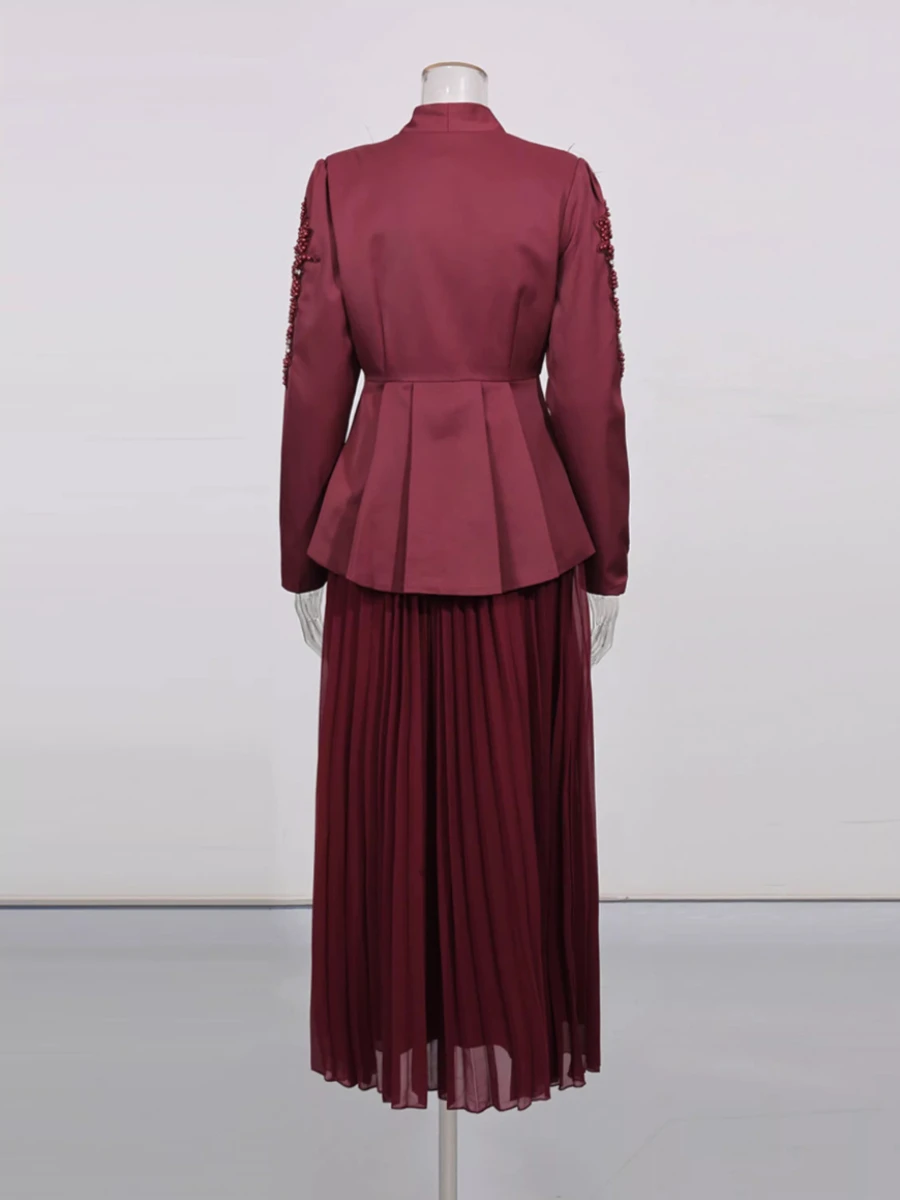 CHICEVER Solid Spliced Beads Two Piece Set Female V Neck Long Sleeve Jacket Luxury Commute Women's Dress Sets Fashion Style New view 5