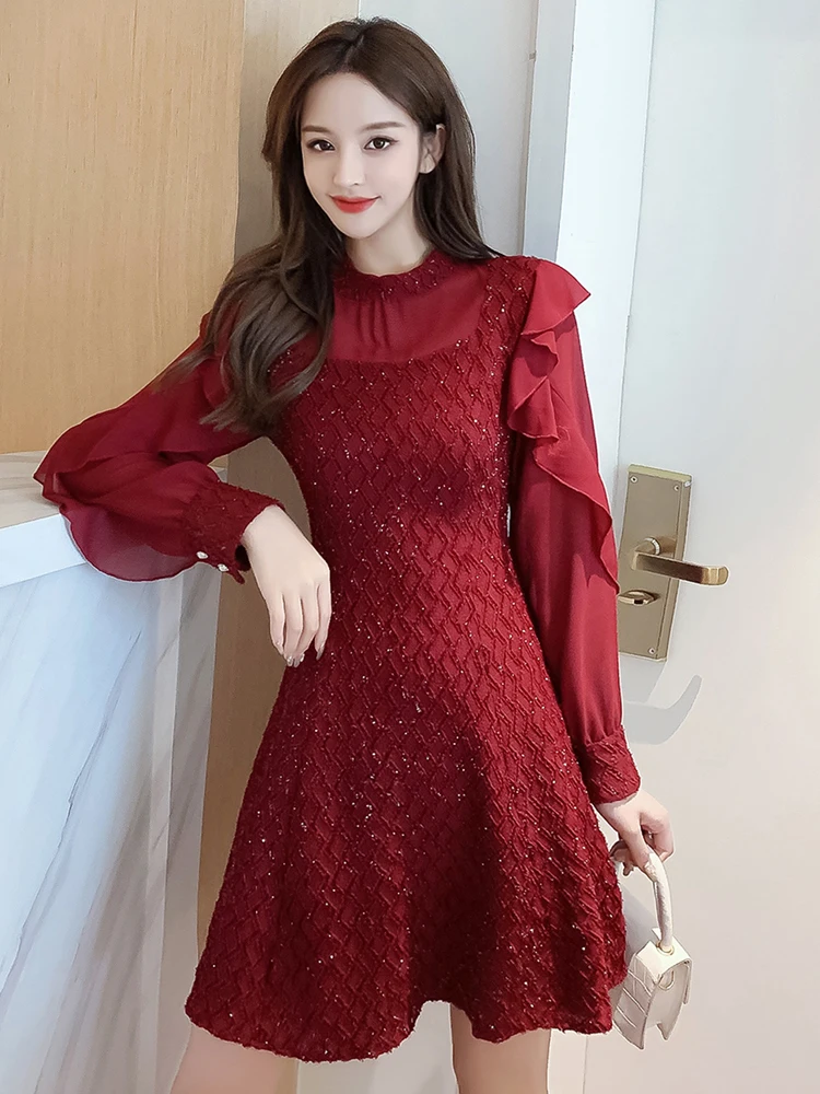 Autumn Winter Stand Collar Ruffles Mesh Patchwork Mini Dress Women Long Sleeve Elegant Fashion Bright Silk A-line Dresses Robe