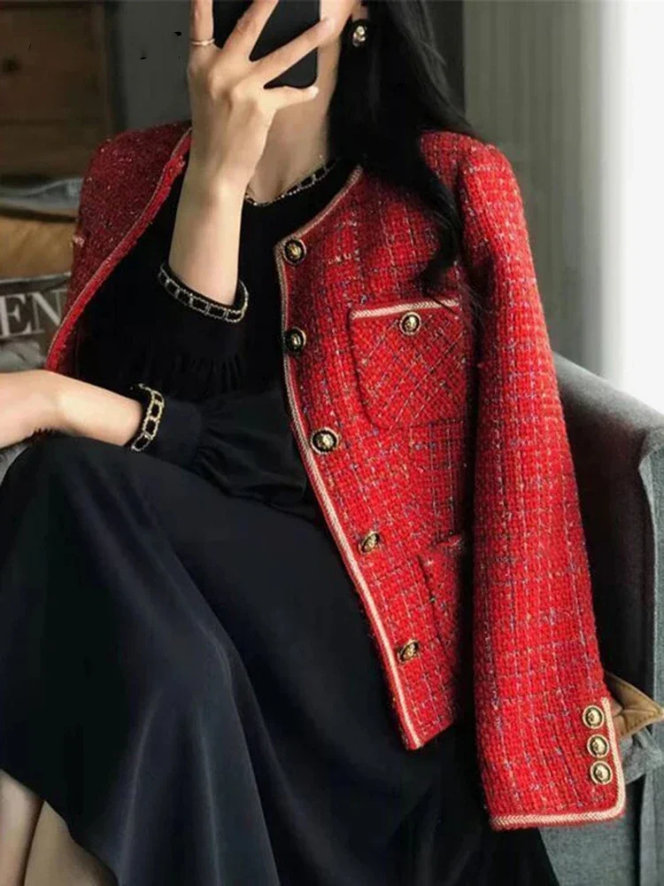 Autumn Winter Casual Women's Red Tweed Blazer Suit Coat with Long Sleeves Single Breasted O-neck Korean Elegant Loose Fashion