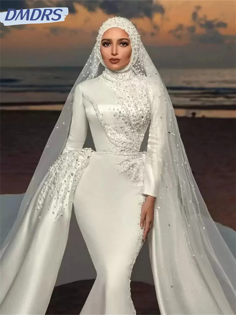 Elegante Kralen Trouwjurk 2024 Charmante Lange Mouw Bruidsjurk Romantische Afneembare Zoomjurken Vestidos De Novia