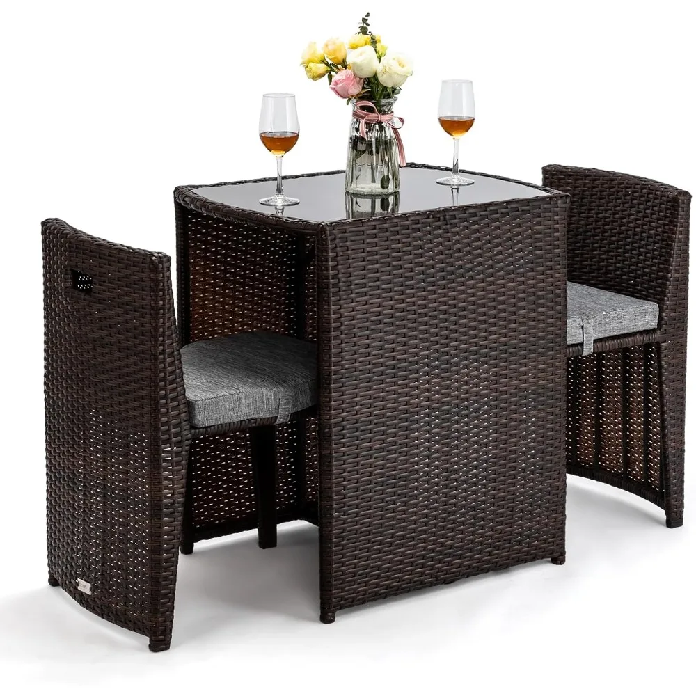 3 PCS Wicker Outdoor Patio Bistro Set, Patio Furniture Set for Small Space with Glass Top Table Dining Chairs, Balcony Furnitur