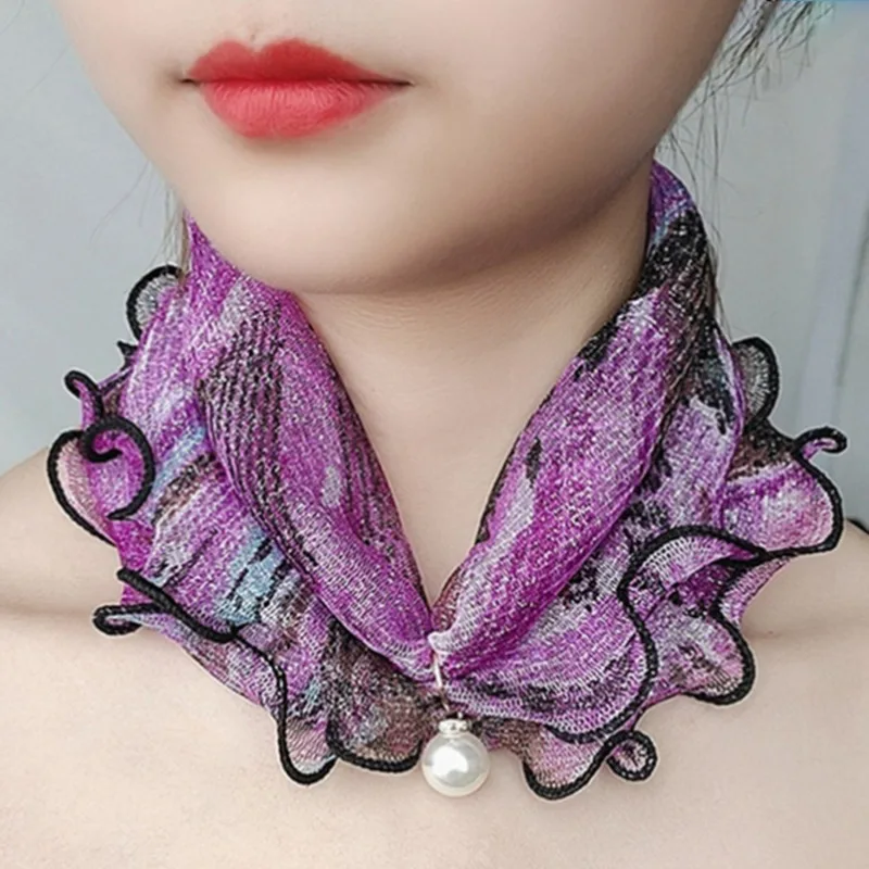 Lace Pearls Scarf Wood Ears Gold Color Thread Lace Variety Lady Neck Hair Chiffon Scarves Spring Summer Scarf Mother\'s Day Gifts