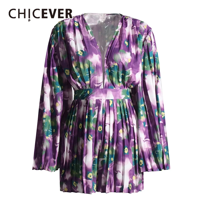 

CHICEVER Elegant Hit Color Printing Jumpsuit For Women V Neck Long Sleeve High Waist Spliced Pleated Loose Jumpsuits Female New