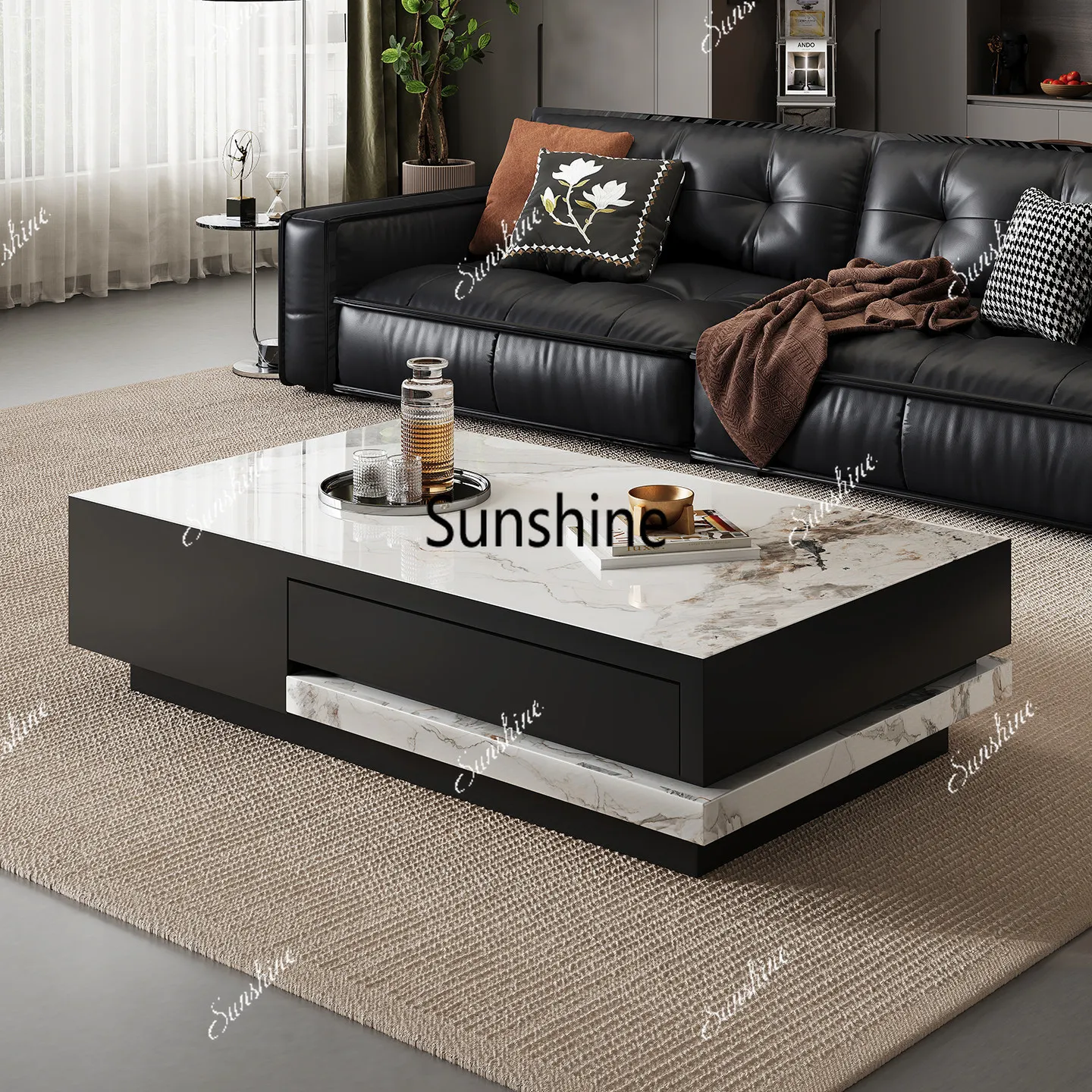 Modern light luxury minimalist coffee table, villa living room high-end storage sintered stone coffee table
