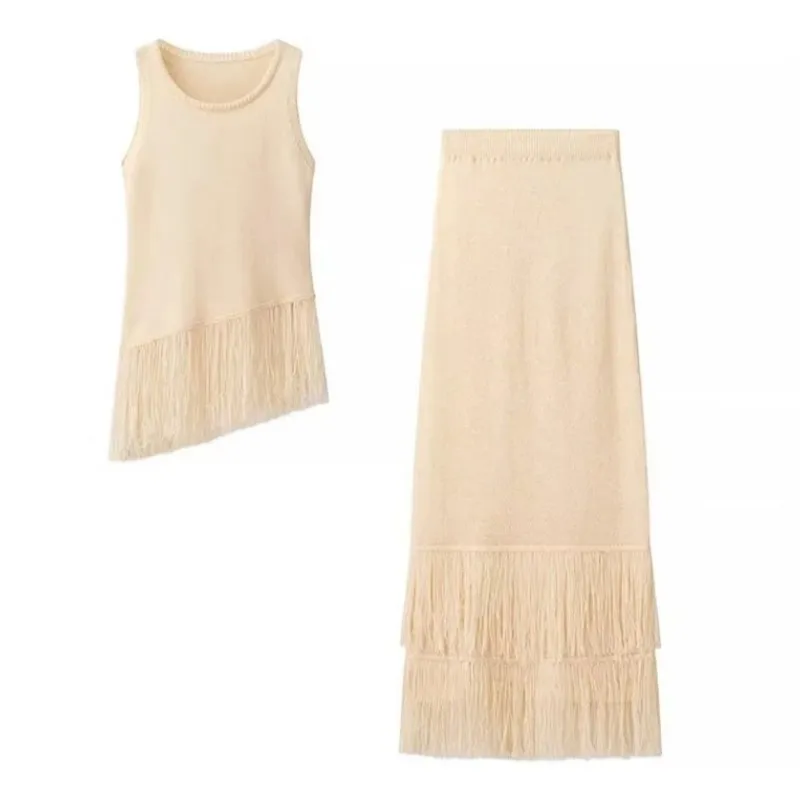 Elegant Tassel Sets For Women Solid O-neck Sleeveless Vest Straight Skirt Suit 2024 Summer New Chic Female Casual Set Streetwear