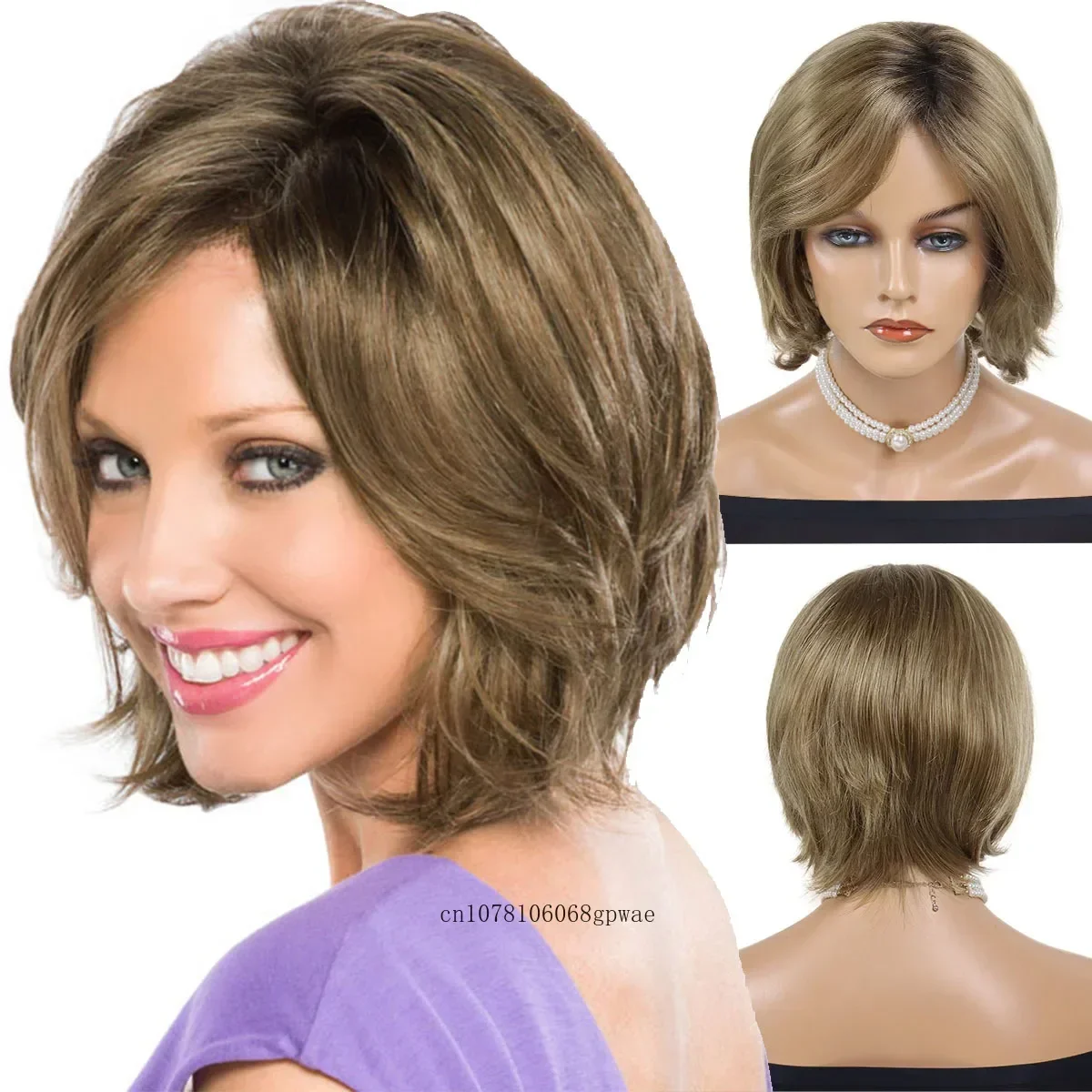 

Synthetic Ombre Blonde Wig Luxury Ladies Wig with Bangs Natural Soft Straight Hair Short Bob Cut Cosplay Wig Daily Costume Party