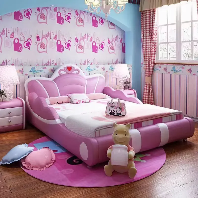 for Children Bed Girl Princess Pink Single Cartoon Storage Modern Leather Personalized Soft Bag Bed