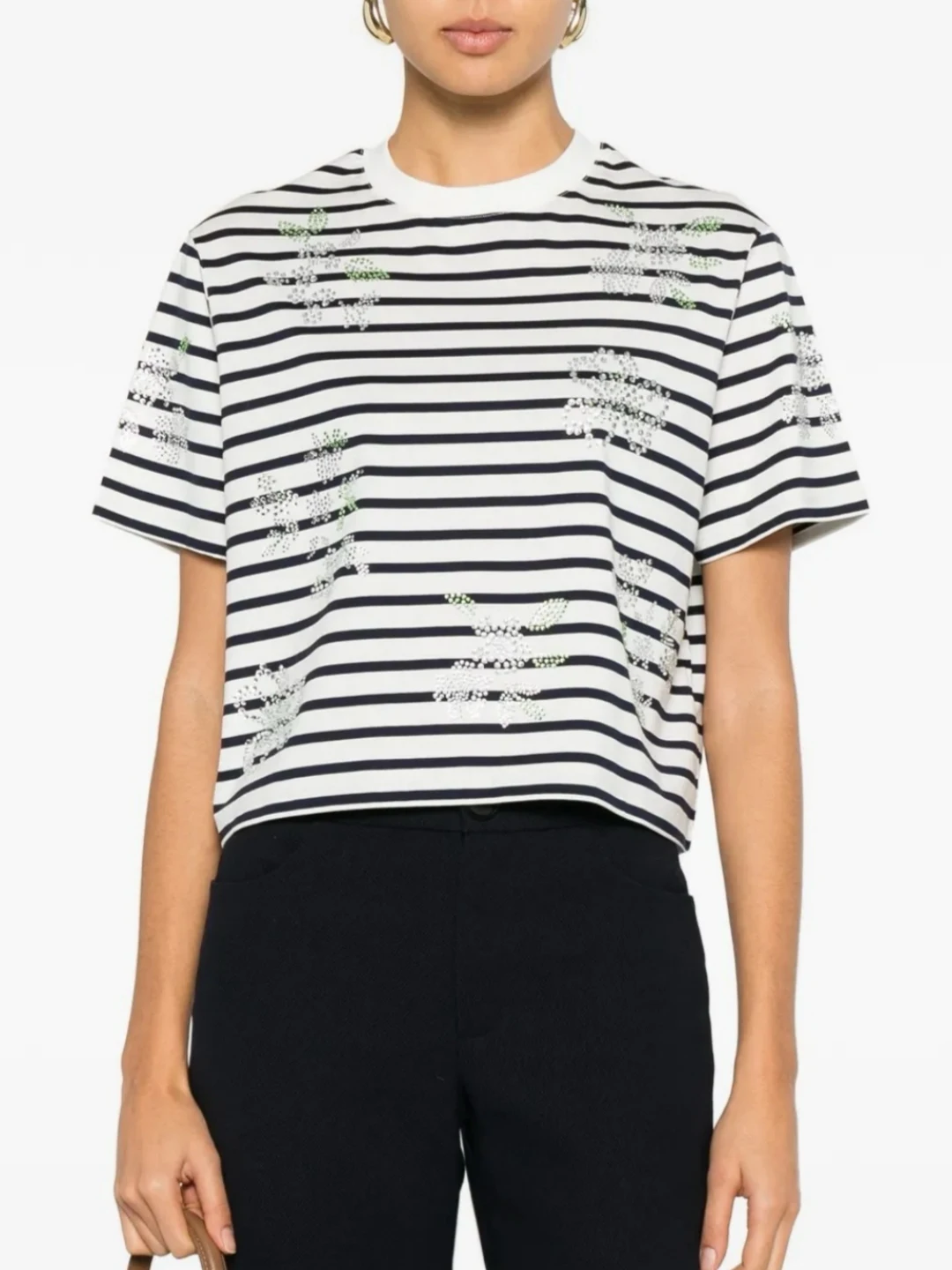 

Футболка M Home весна-лето, свободного кроя, с термотрансферным принтом из страз и цветочными полосками, с круглым вырезом, коротким рукавом, из французского хлопка