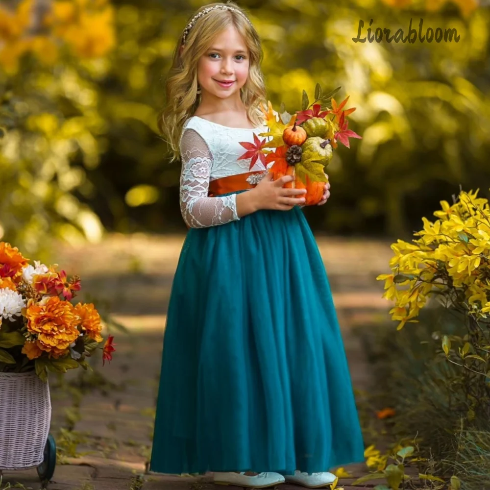 Girls' Lace Long-Sleeve Formal Dress Wedding Flower Girl Attire Green Flower Girl Dress Simple Elegant Party Evening Gown