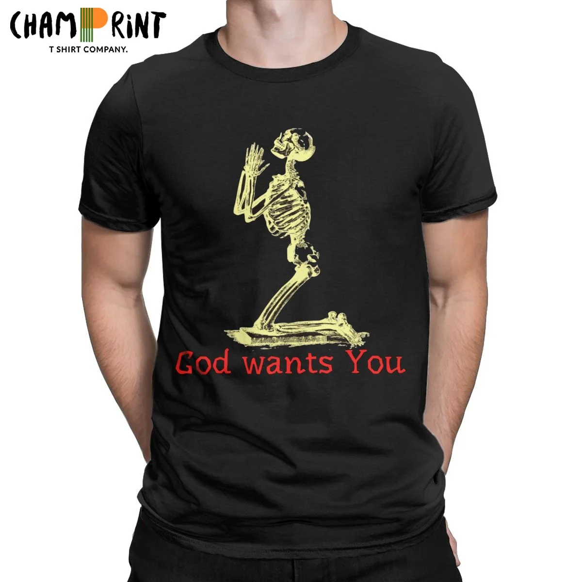 Leisure Praying Skeleton God Wants You T-Shirts Men Crewneck Pure Cotton T Shirts Short Sleeve Tee Shirt Original Tops