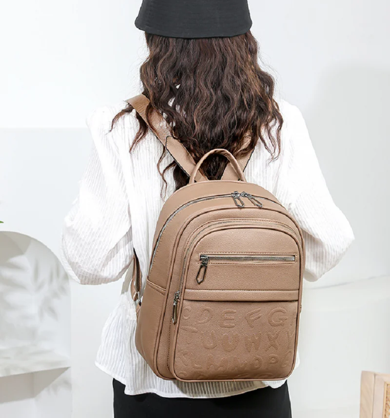 

New Korean Fashion Letter Soft Leather Travel Backpacks Women's Large Capacity Double Zipper Shoulder Bags Laptop School Bag