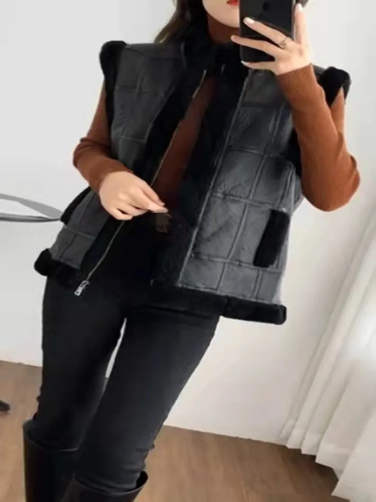 Women Genuine Leather Vest New Winter Thick Warm Wool Lining Waistcoat Zipper Casual Stand Collar Sleeveless Sheepskin Jacket