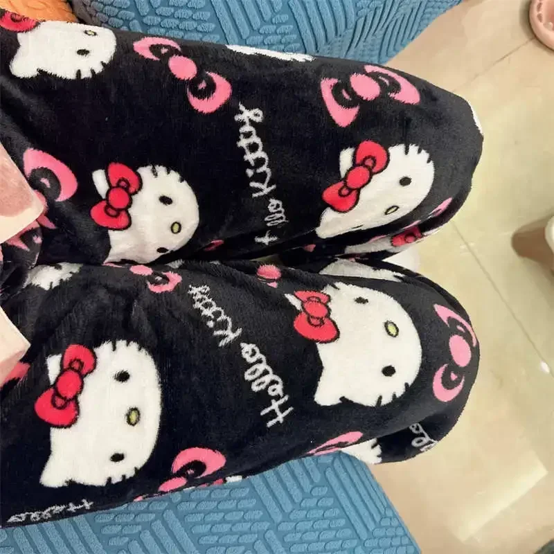 Halloween Thicken Hello Kitty Pajama Pants Sanrio Anime Fleece Double Elastic Fabric Soft Trousers Women Cartoon Birthday Gift