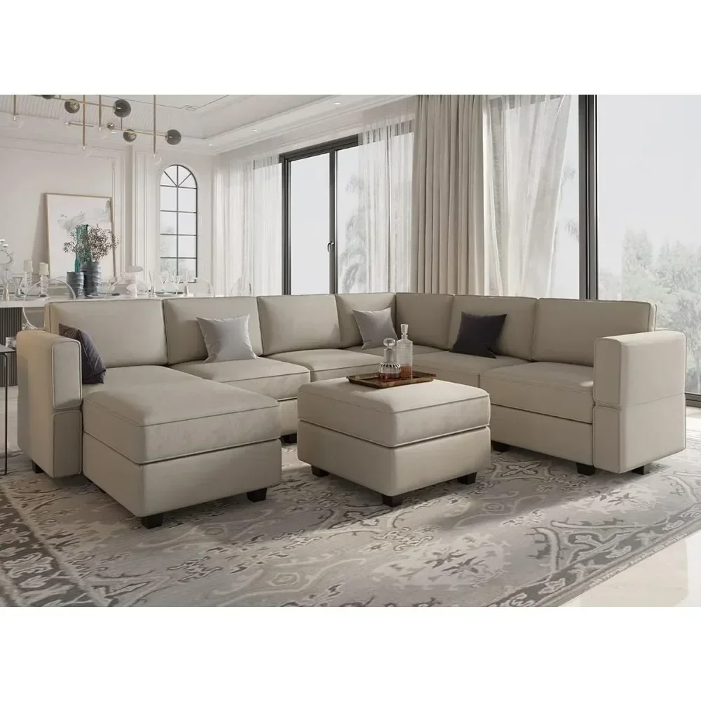 

Living Room Sofa Block Segmented Sofa with Reversible Chain, Ottoman Velvet Grey, with Storage Seat, Oversized U-shaped Couch