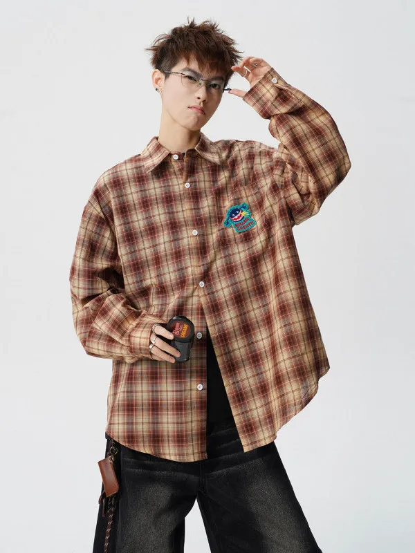 

TANGZ Studio American Sle Long Sve irt Men's Loose Fit Plaid Pattern Embroidery Patchwork Button down Coat Jaet