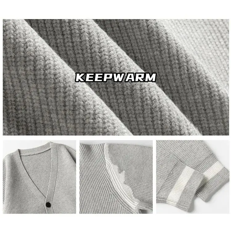 Autumn Winter Korean Cardigan Sweater Men's Versatile Loose Casual Knit Sweater Striped Solid Color Splicing Warmer