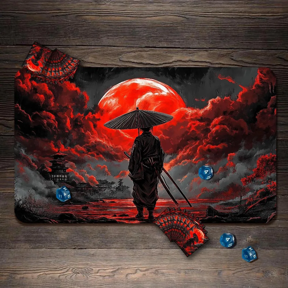Japanese Samurai Blood Red Moon TCG Playmat Red Storm Cloud Lone Swordsman Umbrella Ancient Pagoda Premium Rubber