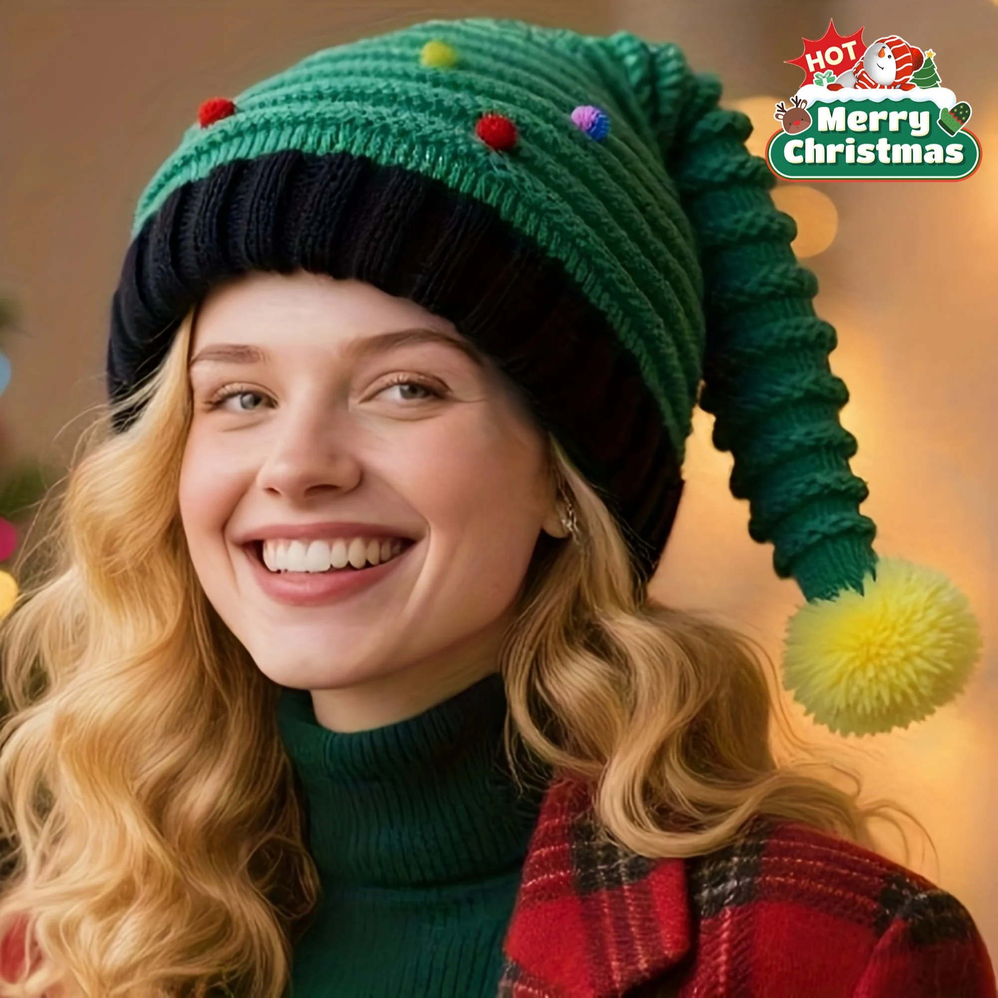 Green Knit-Like Christmas Santa Hat - Red & White Striped Beanie with Multicolor Pom-Pom (No Feathers), Unise Cap for Men & Wome