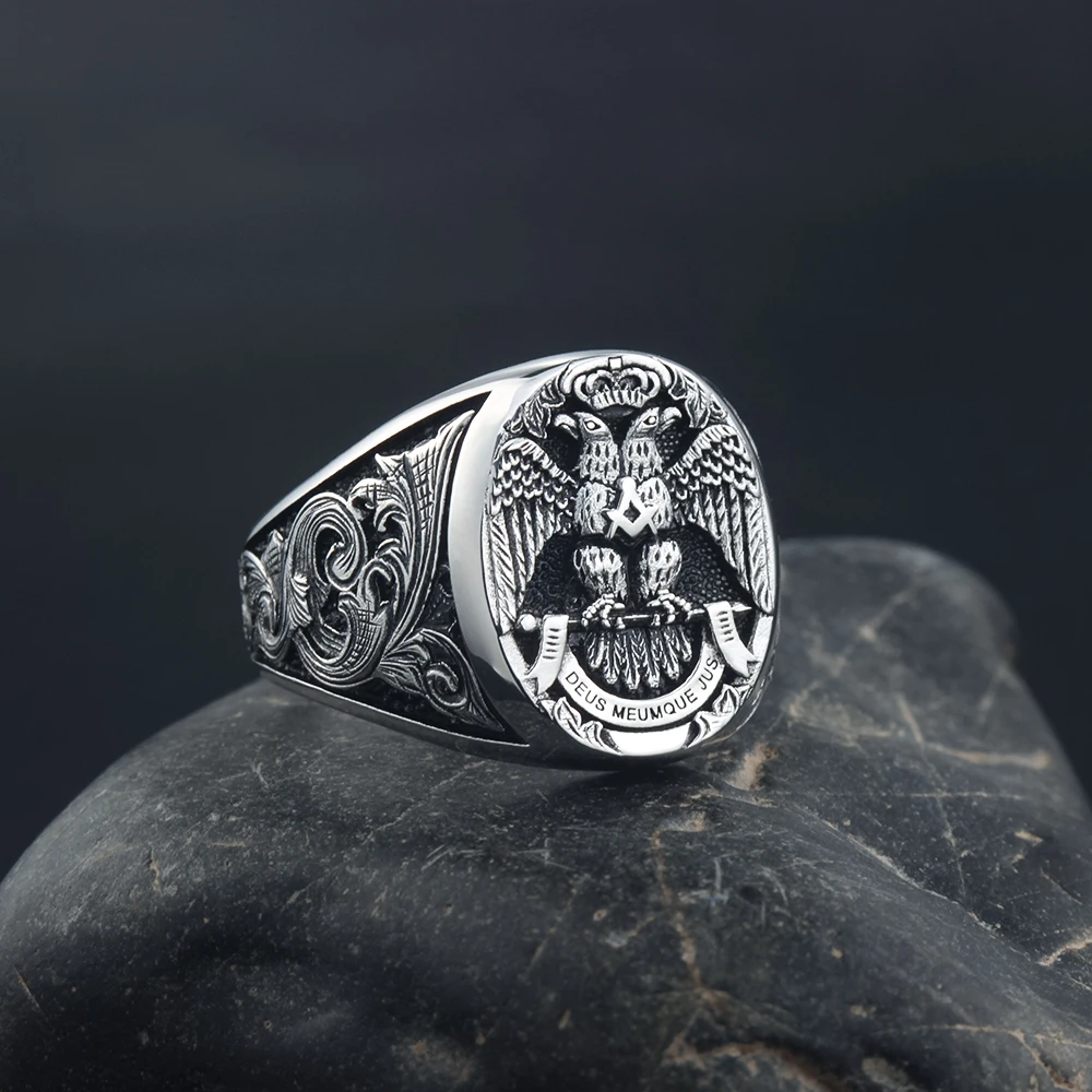 Masonic Scottish Rite 33 Degree Double Head Eagle Phoenix Hand Engraved Sterling Silver Ring